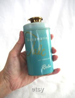 Vintage Tin Revlon Aquamarine Talc Powder 4.25 Aqua, with Brass Push Opening, 1950s