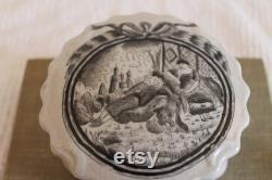 Vintage Toyo Japanese Porcelain Powder Jar or Trinket Box Adorned with A Black Transfer Scene Titled La Vue