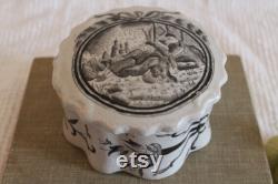 Vintage Toyo Japanese Porcelain Powder Jar or Trinket Box Adorned with A Black Transfer Scene Titled La Vue