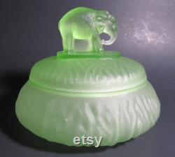 Vintage Uranium Satin Glass Lidded Powder Jar Box with Elephant Finial Vaseline Glass Cabinet Item