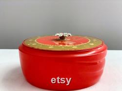 Vintage Valentine Vanity Dresser Dish Powder Box Mid Century Red Glass Covered Powder Box