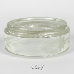 Vintage Vanity Dresser Powder Jar Round Etched Glass Trinket Ring Dish 4.5