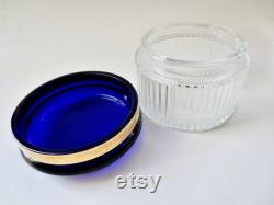 Vintage Vanity Powder Jar Cobalt Blue and Brass Rimmed Dresser and Trinket Jar Toiletry Storage