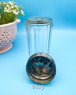 Vintage Vanity Powder Jar Silver Floral Embossed Repoussé Lid with Glass Octagon Shaped Bottle Art Nouveau Vanity Jar