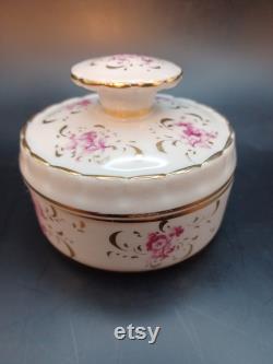 Vintage Vanity Powder Jar Trinket Box with Lid Couleuvre France Pate de Limoges Hand Painted Floral Snake Mark Gold Trim and Accents