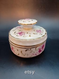 Vintage Vanity Powder Jar Trinket Box with Lid Couleuvre France Pate de Limoges Hand Painted Floral Snake Mark Gold Trim and Accents