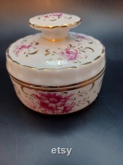Vintage Vanity Powder Jar Trinket Box with Lid Couleuvre France Pate de Limoges Hand Painted Floral Snake Mark Gold Trim and Accents