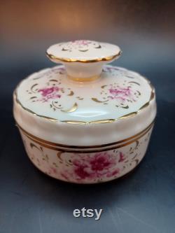 Vintage Vanity Powder Jar Trinket Box with Lid Couleuvre France Pate de Limoges Hand Painted Floral Snake Mark Gold Trim and Accents