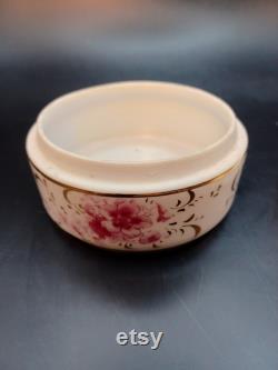 Vintage Vanity Powder Jar Trinket Box with Lid Couleuvre France Pate de Limoges Hand Painted Floral Snake Mark Gold Trim and Accents