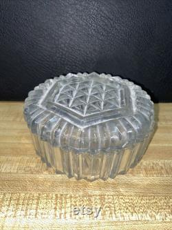 Vintage Vanity Powder Jar Trinket Jewel Box withlid Antique Cut Glass 4.5 Dia