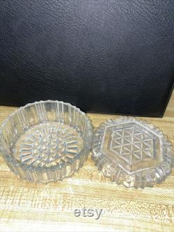 Vintage Vanity Powder Jar Trinket Jewel Box withlid Antique Cut Glass 4.5 Dia