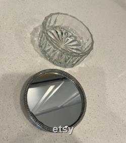 Vintage Vanity Powder Jar With Silverplate Mirror Lid Glass Powder Jar With Silver Mirror Lid Vanity glass dresser jar silver plate lid