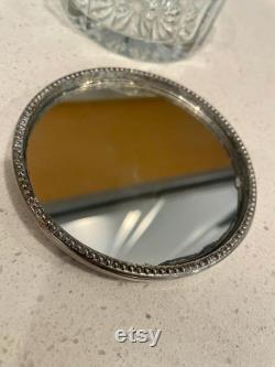 Vintage Vanity Powder Jar With Silverplate Mirror Lid Glass Powder Jar With Silver Mirror Lid Vanity glass dresser jar silver plate lid