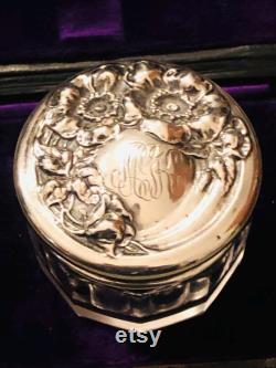 Vintage Victorian Engraved Sterling Silver Glass Powder Jar in Excellent Condition