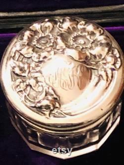 Vintage Victorian Engraved Sterling Silver Glass Powder Jar in Excellent Condition