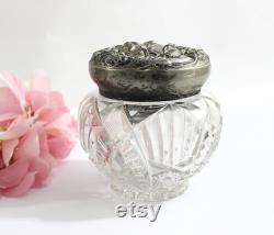 Vintage Victorian Faceted Lead Glass Powder Jar with Deeply Embossed Metal Lid Dogwood Design, 20s-30s Era