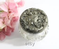 Vintage Victorian Faceted Lead Glass Powder Jar with Deeply Embossed Metal Lid Dogwood Design, 20s-30s Era