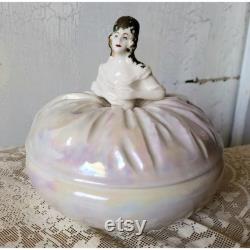 Vintage Victorian Lady Powder Box Dish Porcelain Iridescent Antique Trinket Candy Bowl Lid
