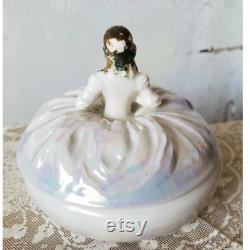 Vintage Victorian Lady Powder Box Dish Porcelain Iridescent Antique Trinket Candy Bowl Lid