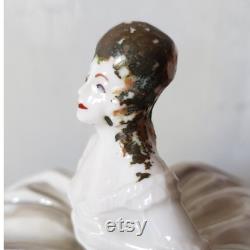 Vintage Victorian Lady Powder Box Dish Porcelain Iridescent Antique Trinket Candy Bowl Lid