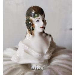 Vintage Victorian Lady Powder Box Dish Porcelain Iridescent Antique Trinket Candy Bowl Lid