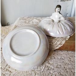 Vintage Victorian Lady Powder Box Dish Porcelain Iridescent Antique Trinket Candy Bowl Lid