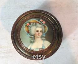 Vintage Victorian Style Brass Vanity Trinket Dish with Portrait of Woman, Progress Novelty Casting Works Powder Box with Mirror and Glass Insert