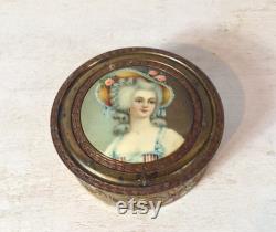 Vintage Victorian Style Brass Vanity Trinket Dish with Portrait of Woman, Progress Novelty Casting Works Powder Box with Mirror and Glass Insert