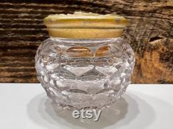 Vintage Victorian Vanity Powder Jar, Crystal Glass Powder Jar, Gold Tone Metal Angel Cherub Cover, Victorian Top, Vintage Glass Powder Box,