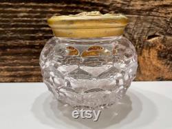 Vintage Victorian Vanity Powder Jar, Crystal Glass Powder Jar, Gold Tone Metal Angel Cherub Cover, Victorian Top, Vintage Glass Powder Box,