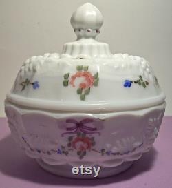 Vintage WESTMORELAND MILK GLASS Grape Pattern Round Powder Jar with Hand-Painted Flowers