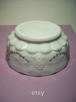 Vintage WESTMORELAND MILK GLASS Grape Pattern Round Powder Jar with Hand-Painted Flowers