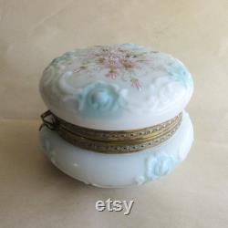 Vintage Wavecrest Circa 1898 Enameled Dresser Box Jar Hand Painted Victorian Opaque Glass Vanity Jar
