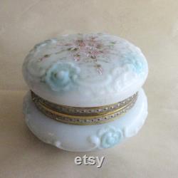 Vintage Wavecrest Circa 1898 Enameled Dresser Box Jar Hand Painted Victorian Opaque Glass Vanity Jar