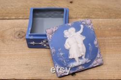 Vintage Wedgwood Blue Jasperware by Schafer and Vater- Square Vanity Jewelry Box Children Design