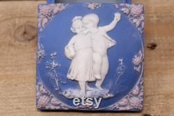 Vintage Wedgwood Blue Jasperware by Schafer and Vater- Square Vanity Jewelry Box Children Design