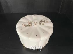 Vintage White Plastic Container by Menda Co. Powder Box with Rhinestone Lid Vanity Decor