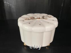 Vintage White Plastic Container by Menda Co. Powder Box with Rhinestone Lid Vanity Decor