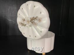 Vintage White Plastic Container by Menda Co. Powder Box with Rhinestone Lid Vanity Decor