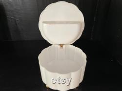 Vintage White Plastic Container by Menda Co. Powder Box with Rhinestone Lid Vanity Decor