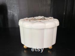 Vintage White Plastic Container by Menda Co. Powder Box with Rhinestone Lid Vanity Decor