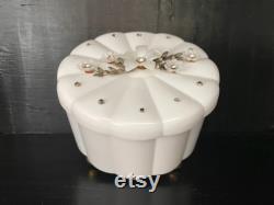 Vintage White Plastic Container by Menda Co. Powder Box with Rhinestone Lid Vanity Decor