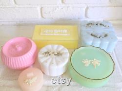 Vintage White Plastic Container by Menda Co. Powder Box with Rhinestone Lid Vanity Decor