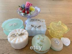 Vintage White Plastic Container by Menda Co. Powder Box with Rhinestone Lid Vanity Decor