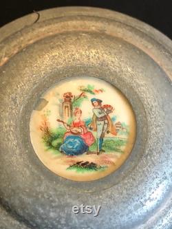 Vintage Wind Up Musical Powder Box Hand painted Victorian Scene