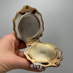 Vintage Women's Gilt USSR Silver 875 Compact Powder Box Shell Mirror Signed 96gr