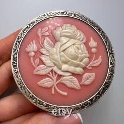Vintage Women's USSR Silver 875 Compact Powder Box Roses Mirror Signed 78 gr