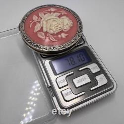 Vintage Women's USSR Silver 875 Compact Powder Box Roses Mirror Signed 78 gr