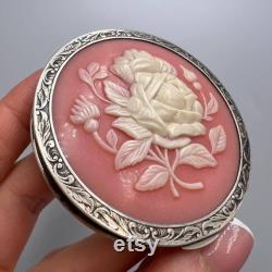 Vintage Women's USSR Silver 875 Compact Powder Box Roses Mirror Signed 78 gr