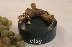 Vintage Wooden Trinket Box or Powder Jar with Resin Spotted Lizard in Log on Top